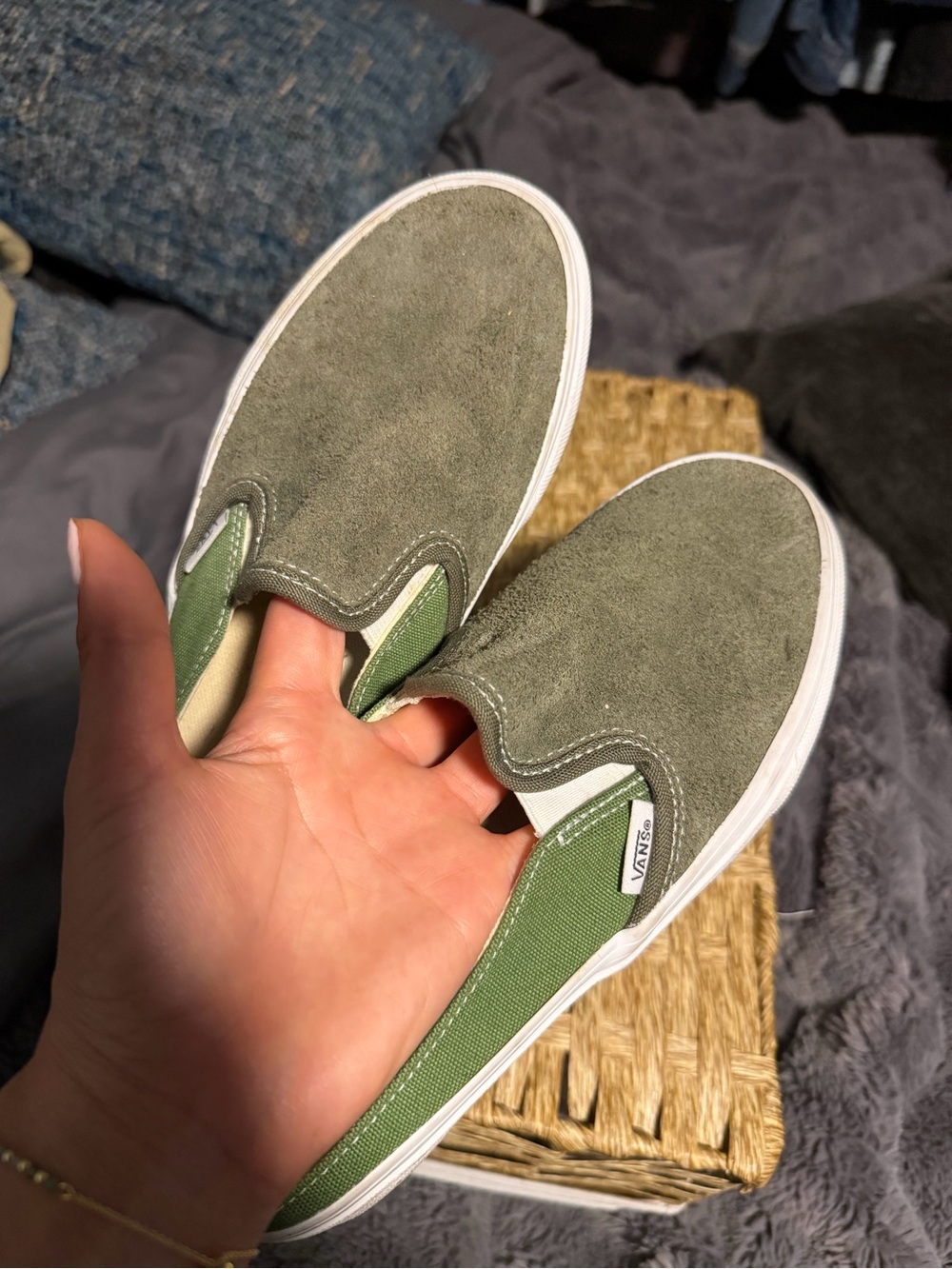 Vans Slip-On Suede Sneakers in Olive and White